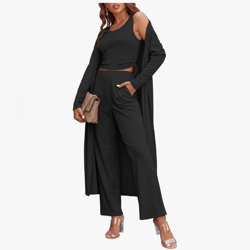 Ekouaer 3 Piece Knit Lounge Set Drawstrinh Side Swestsuit
